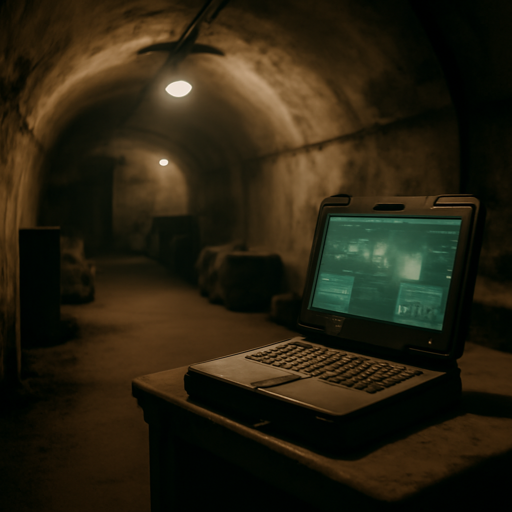 Dimly lit underground tunnel with scattered supplies and a ruggedized laptop on a makeshift table.