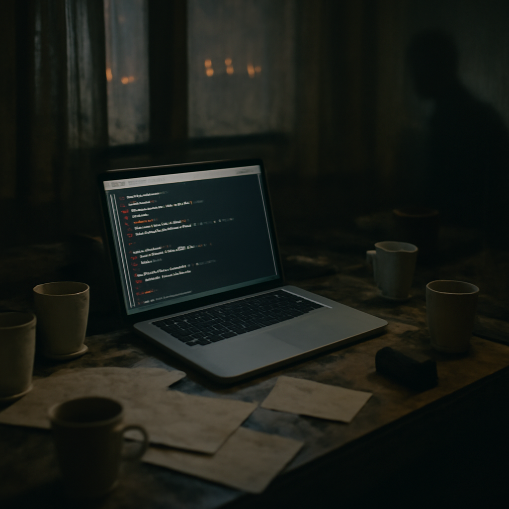Cluttered computer workstation with code on laptop screen in dimly lit room.