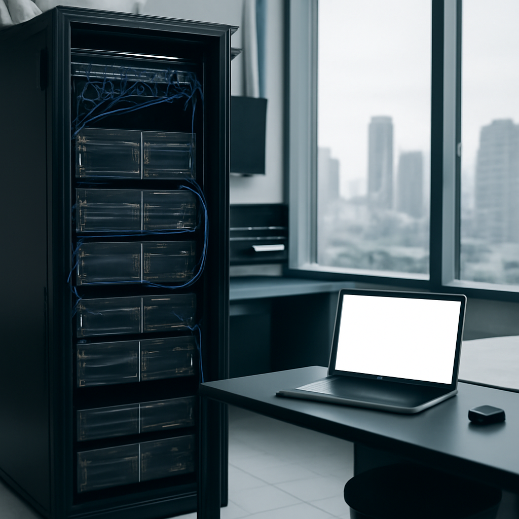 Modern server equipment in a well-lit network operations room with a city view.