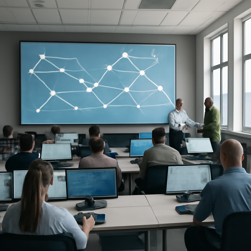 Modern operations center with multiple screens and consoles under bright daylight.