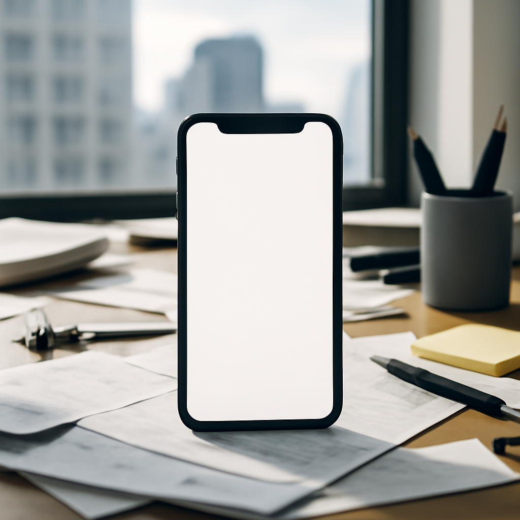 Smartphone on cluttered office desk with cityscape background through window.
