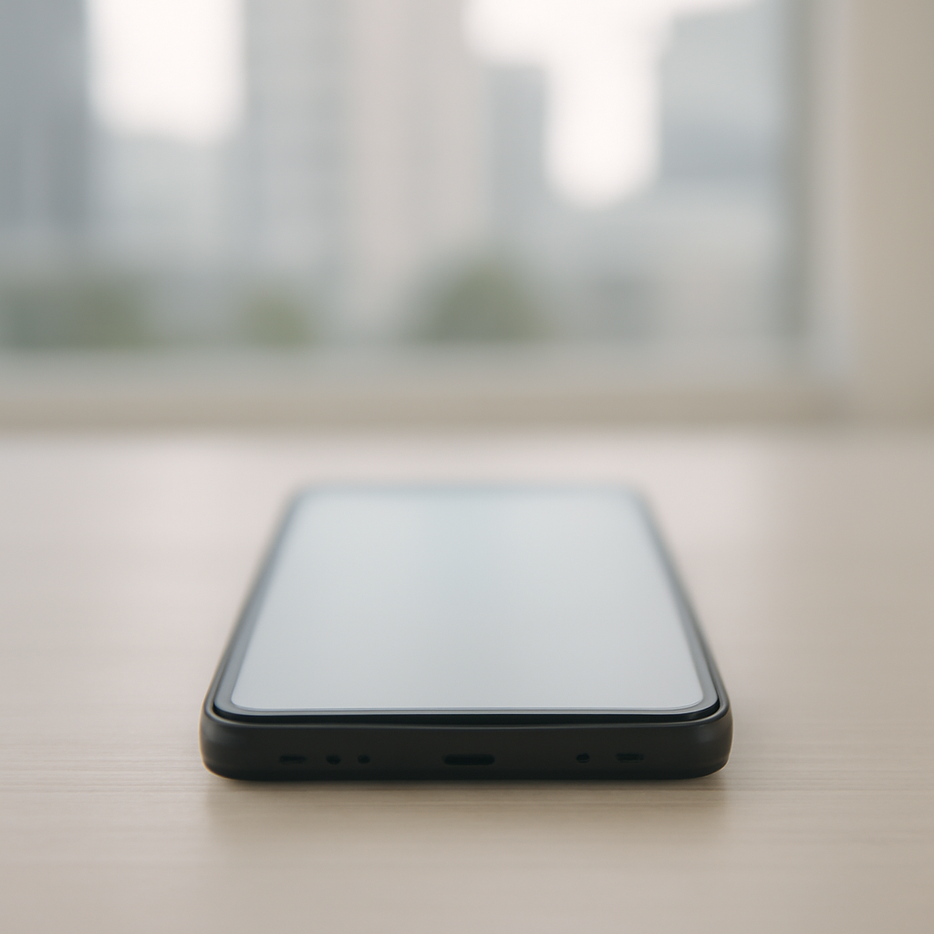 Smartphone on a plain surface with blurred cityscape in background.
