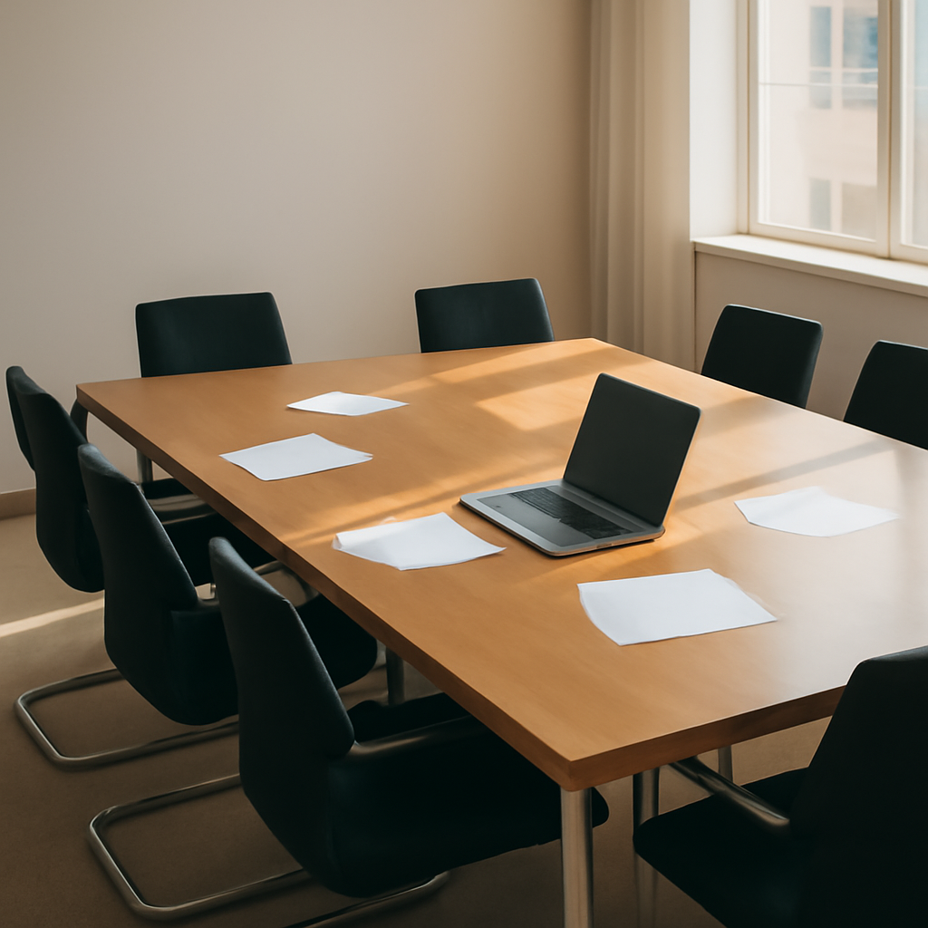 Empty conference room with scattered papers and laptop on a large wooden table.