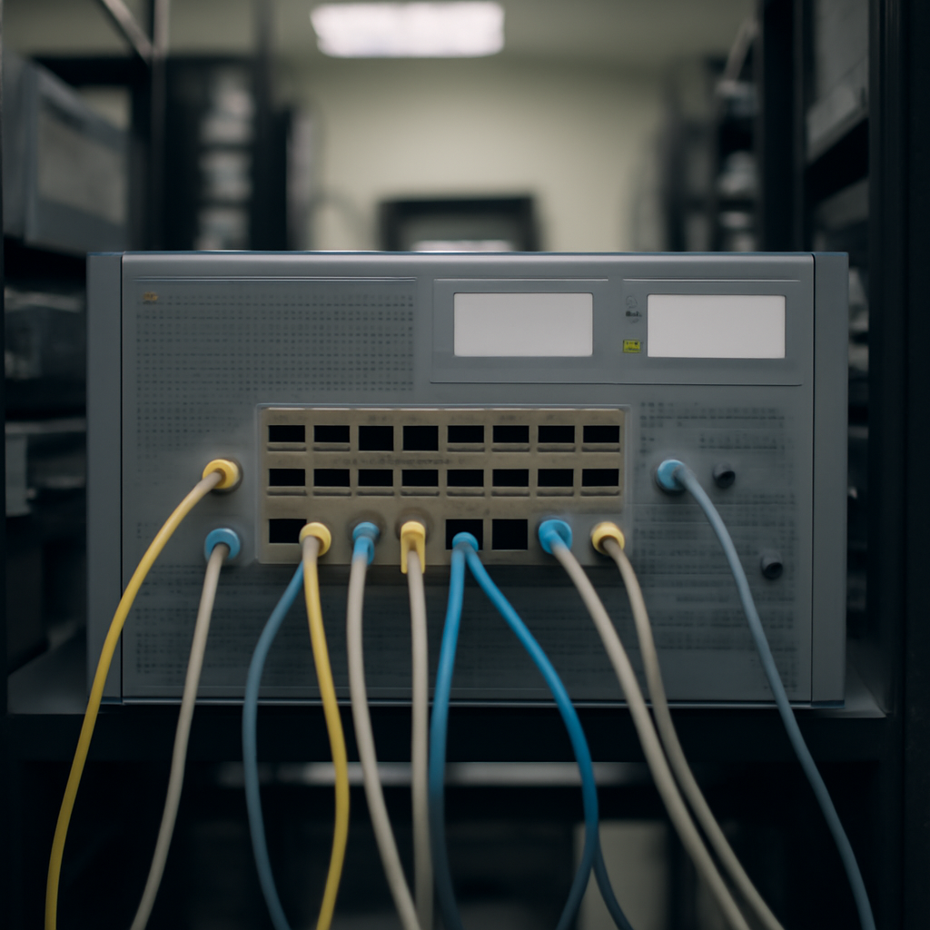 Network router on a rack with multiple cables and surrounding equipment in a dimly lit server room.