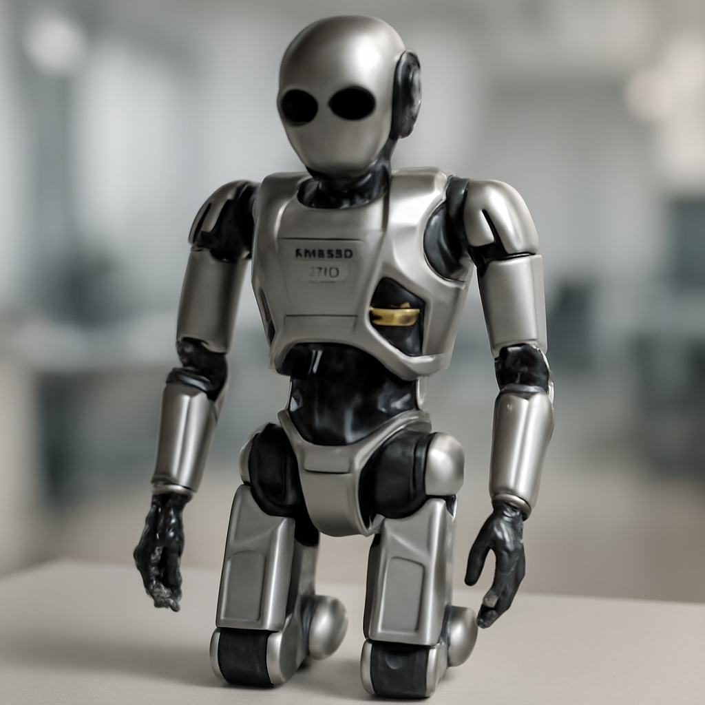 Humanoid robot standing on laboratory bench with neutral background.