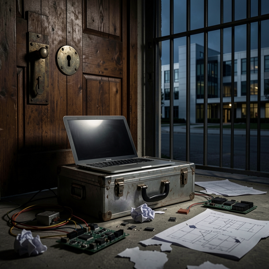 Locked metal briefcase with laptop and technical equipment scattered around it, in a dimly lit setting.