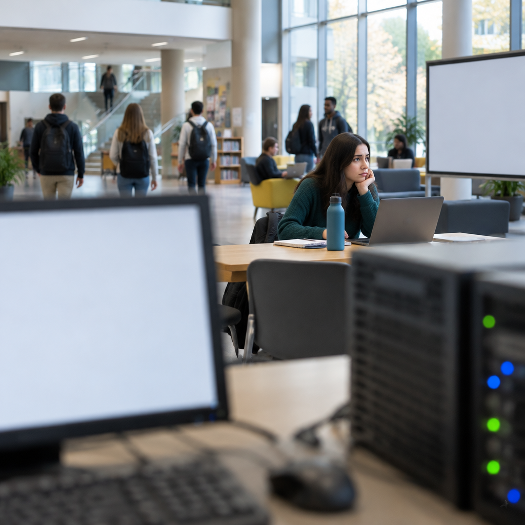University building interior with people walking, subtle computer setup in foreground, calm concerned atmosphere.