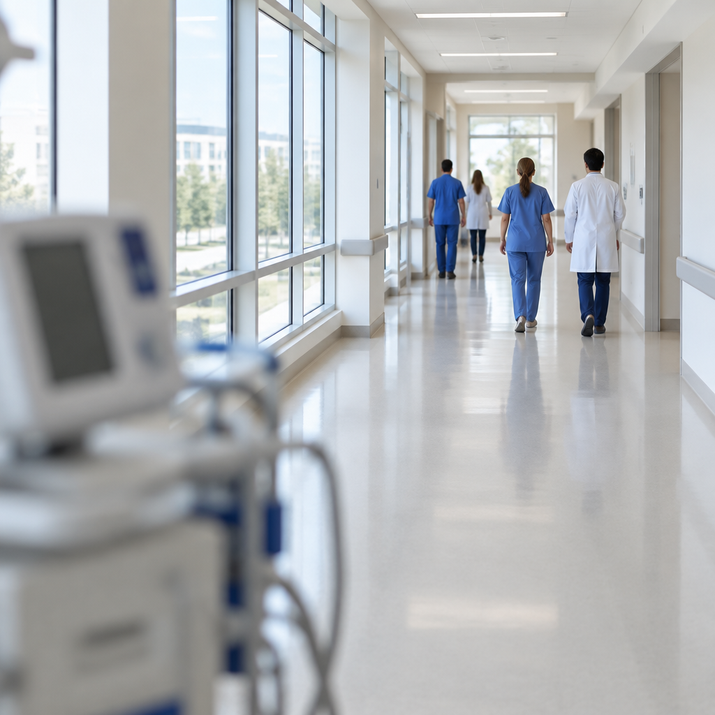 Hospital corridor with medical staff walking in distance, blurred equipment in foreground, and natural daylight from large…
