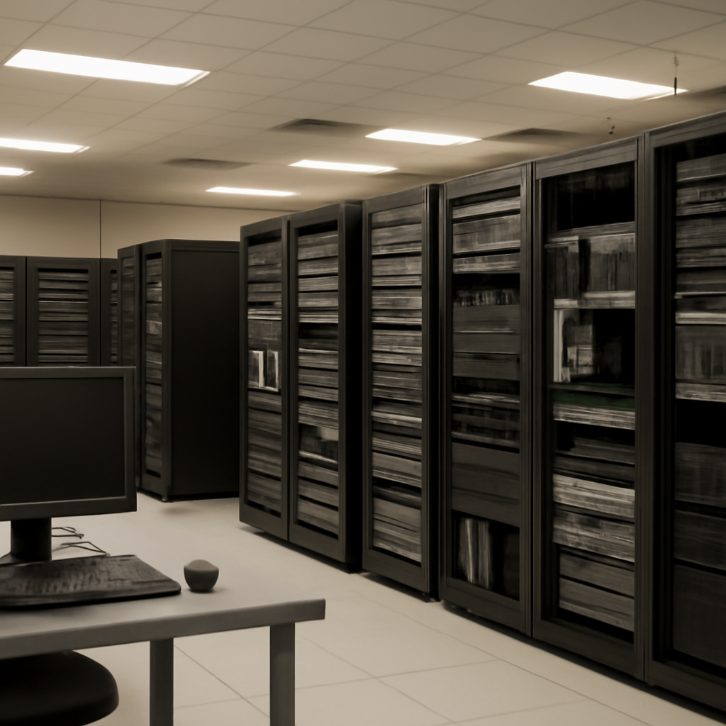 Rows of computer servers and storage equipment in a data center with some servers having open panels, and a single…
