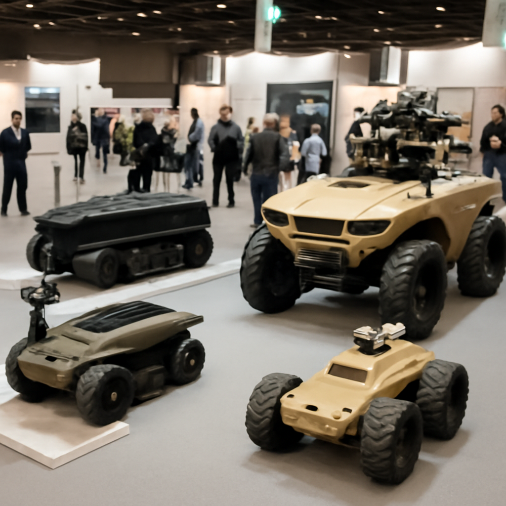 Unmanned ground vehicles on display at a defense trade show exhibition hall.