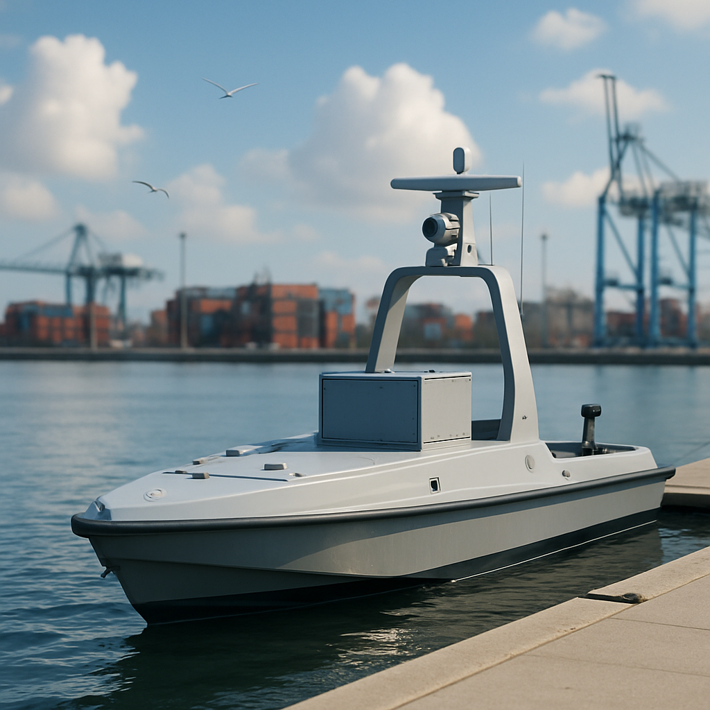 Sleek unmanned surface vessel docked at industrial waterfront facility.