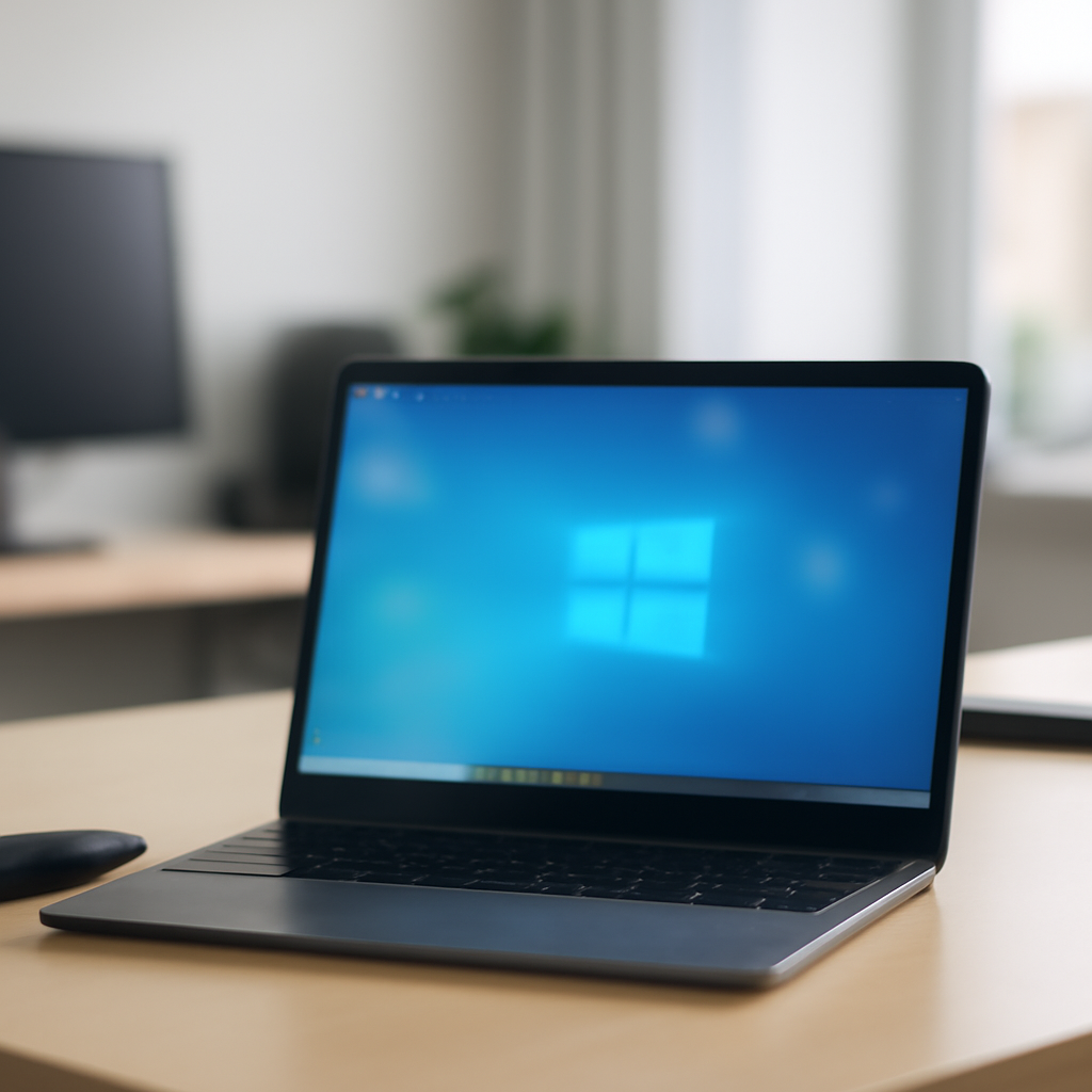 Windows computer workstation on a clean desk in a modern office with natural light.