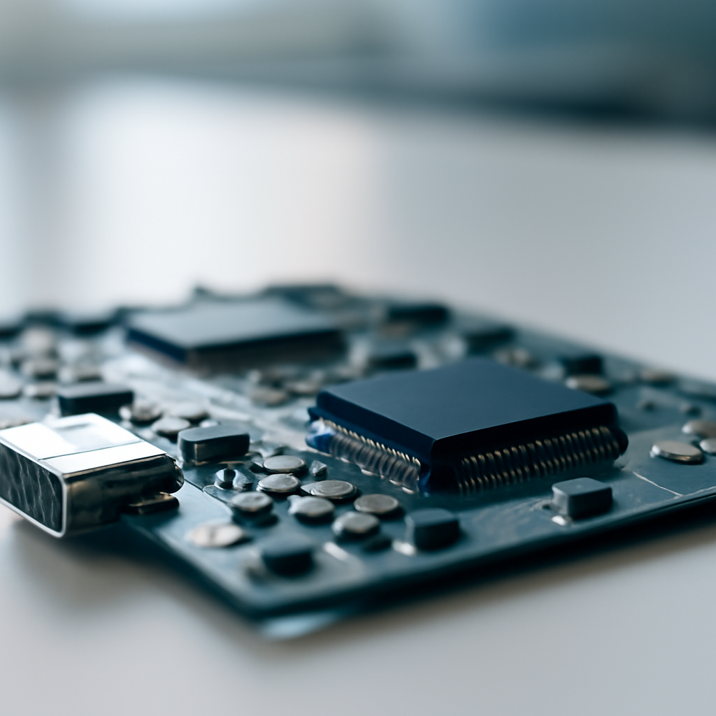 Close-up of a circuit board with a USB controller chip on a lab bench.