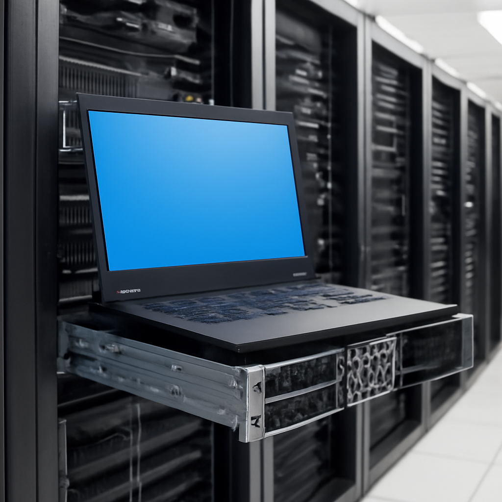Exposed server in a data center with rows of computer racks.