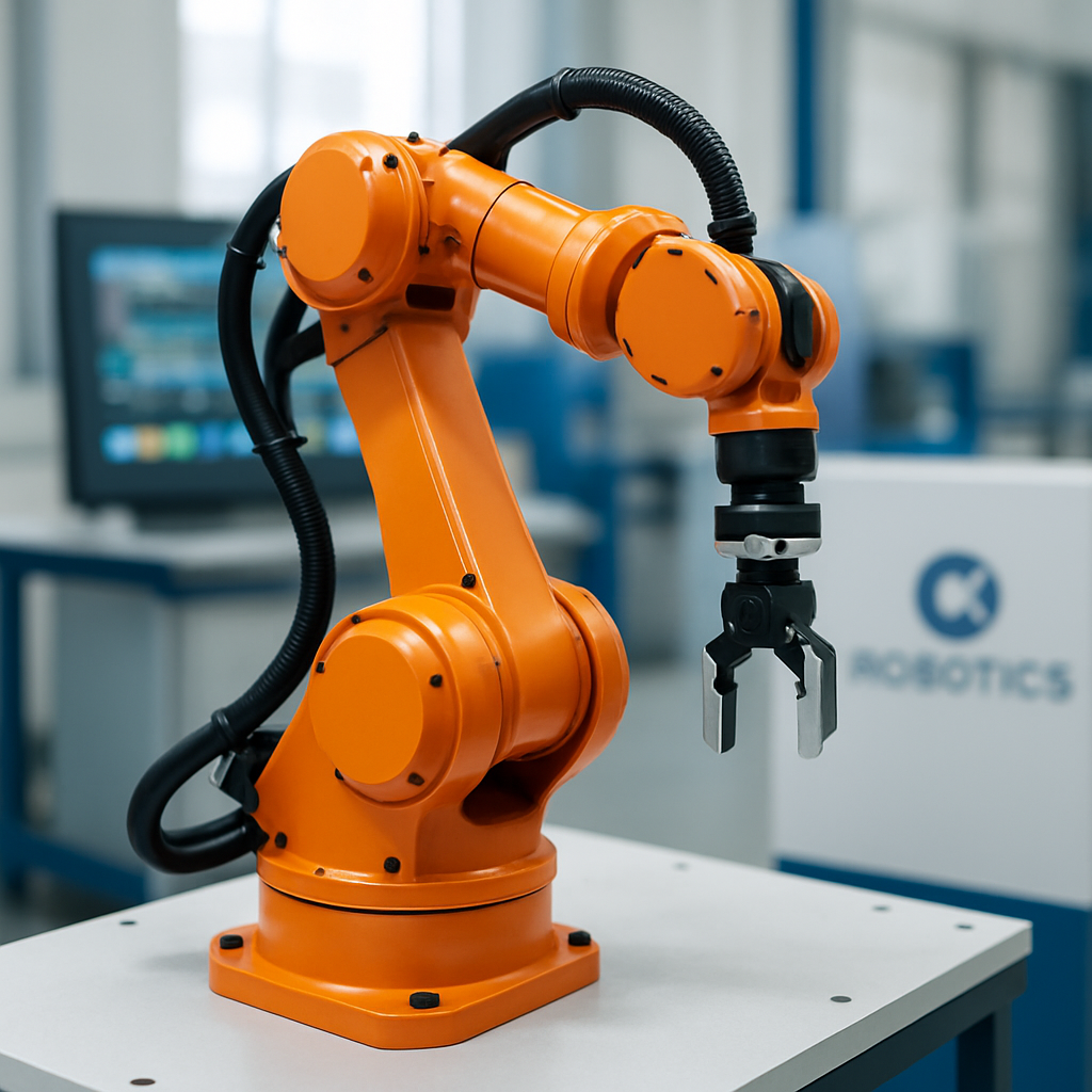 Industrial robot on a factory floor with blurred control panel and company logo nearby.