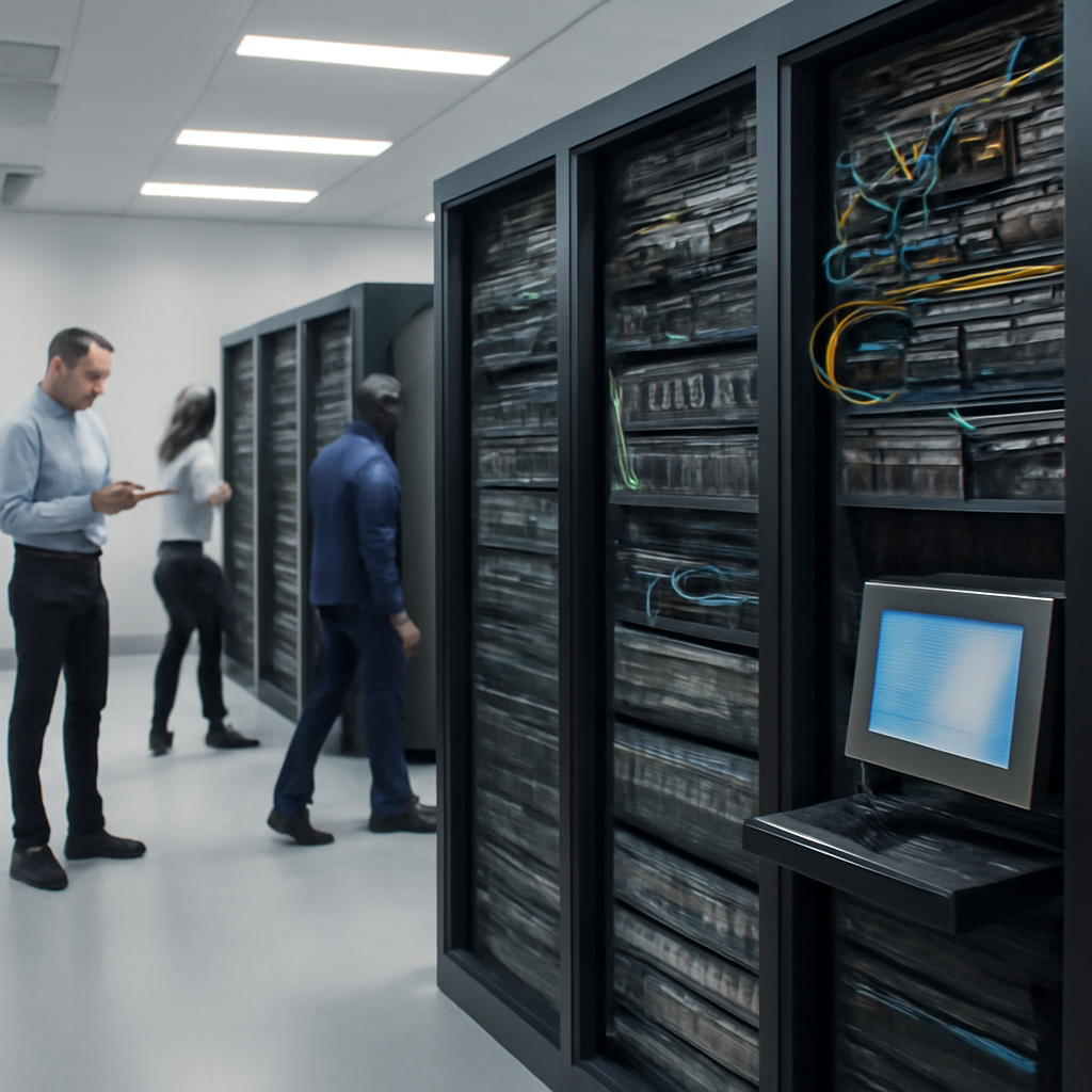 Rows of server racks and networking equipment in a shared data center with technicians in the background.