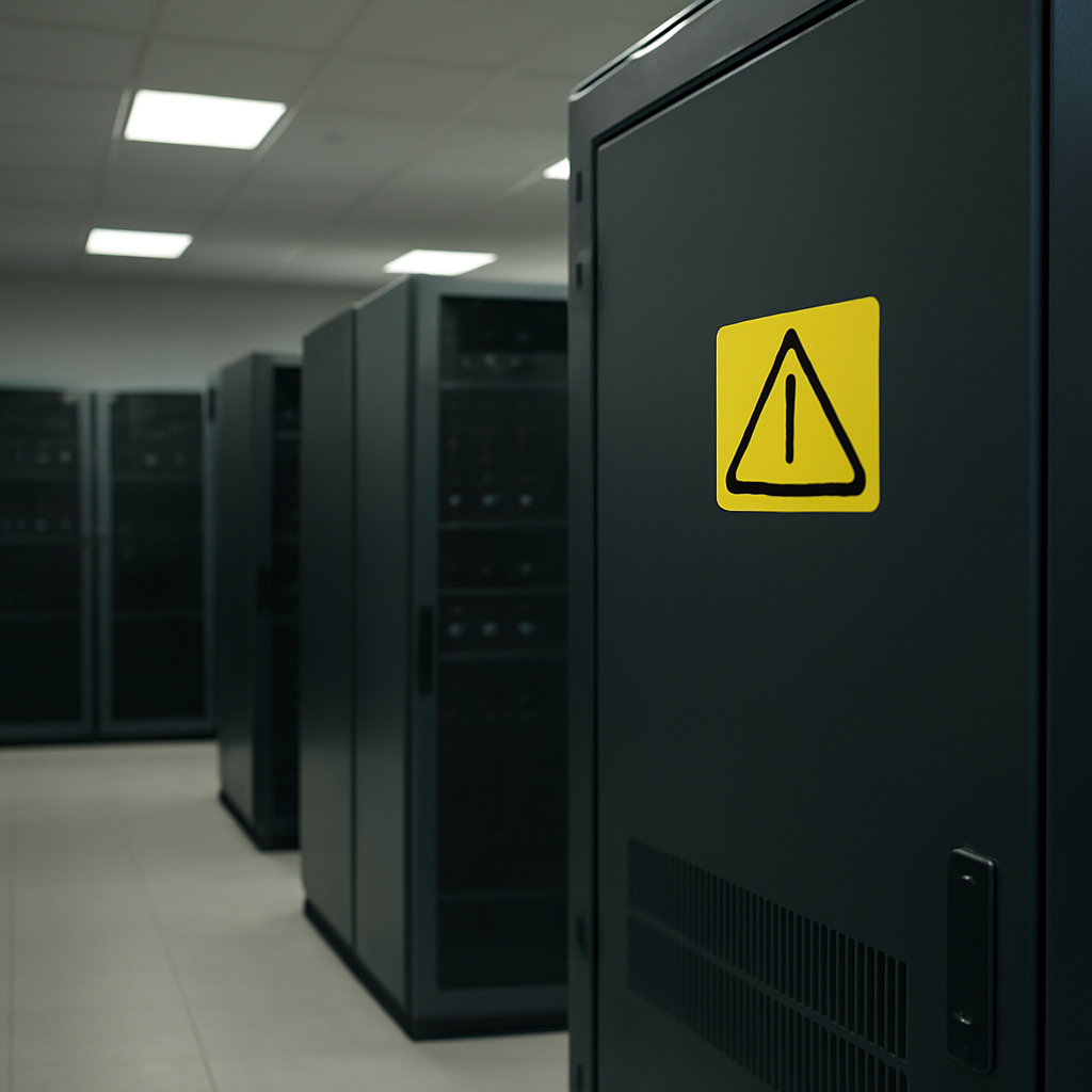 Dimly lit server room with rows of racks, one foreground rack with a warning sign.