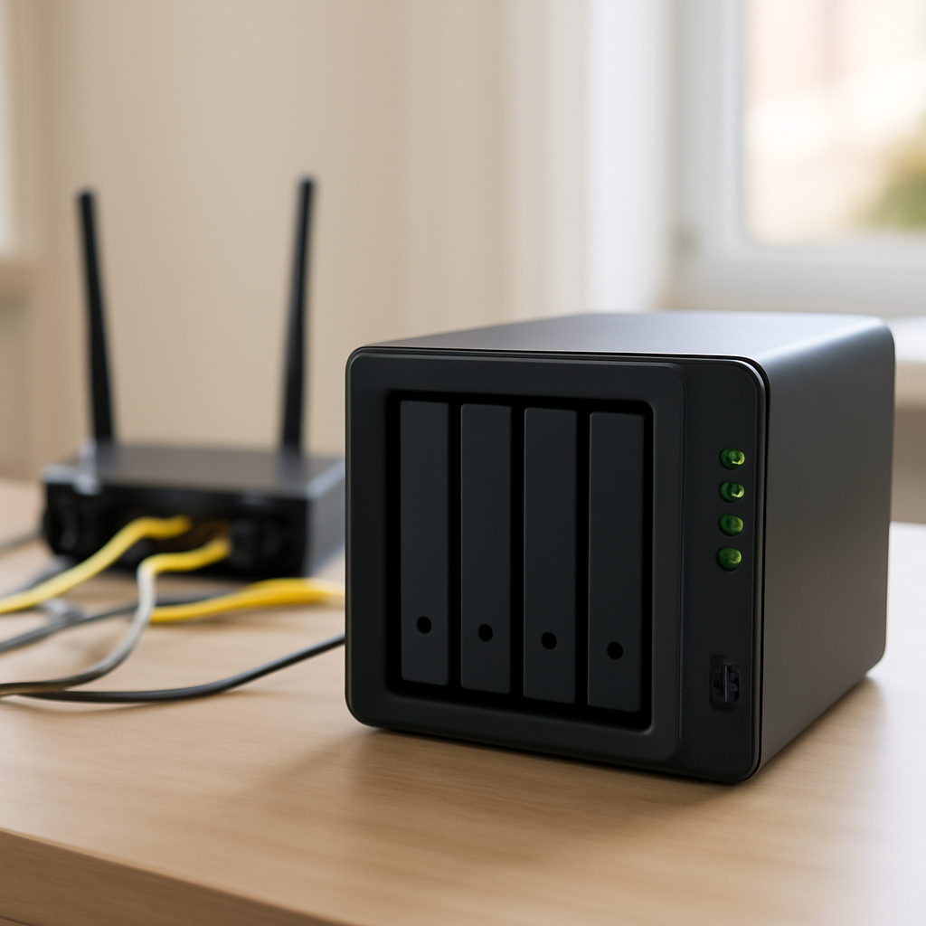 Network-attached storage device and router setup in a home office with cables.