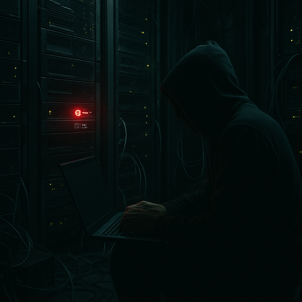 Dimly lit server room with a highlighted server and a shadowy figure working on a laptop amidst cables and equipment.