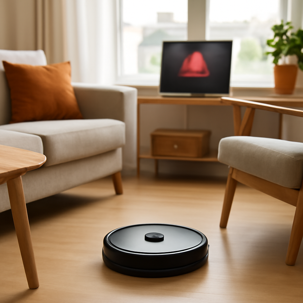 Smart home device sits in living room with city view through window.
