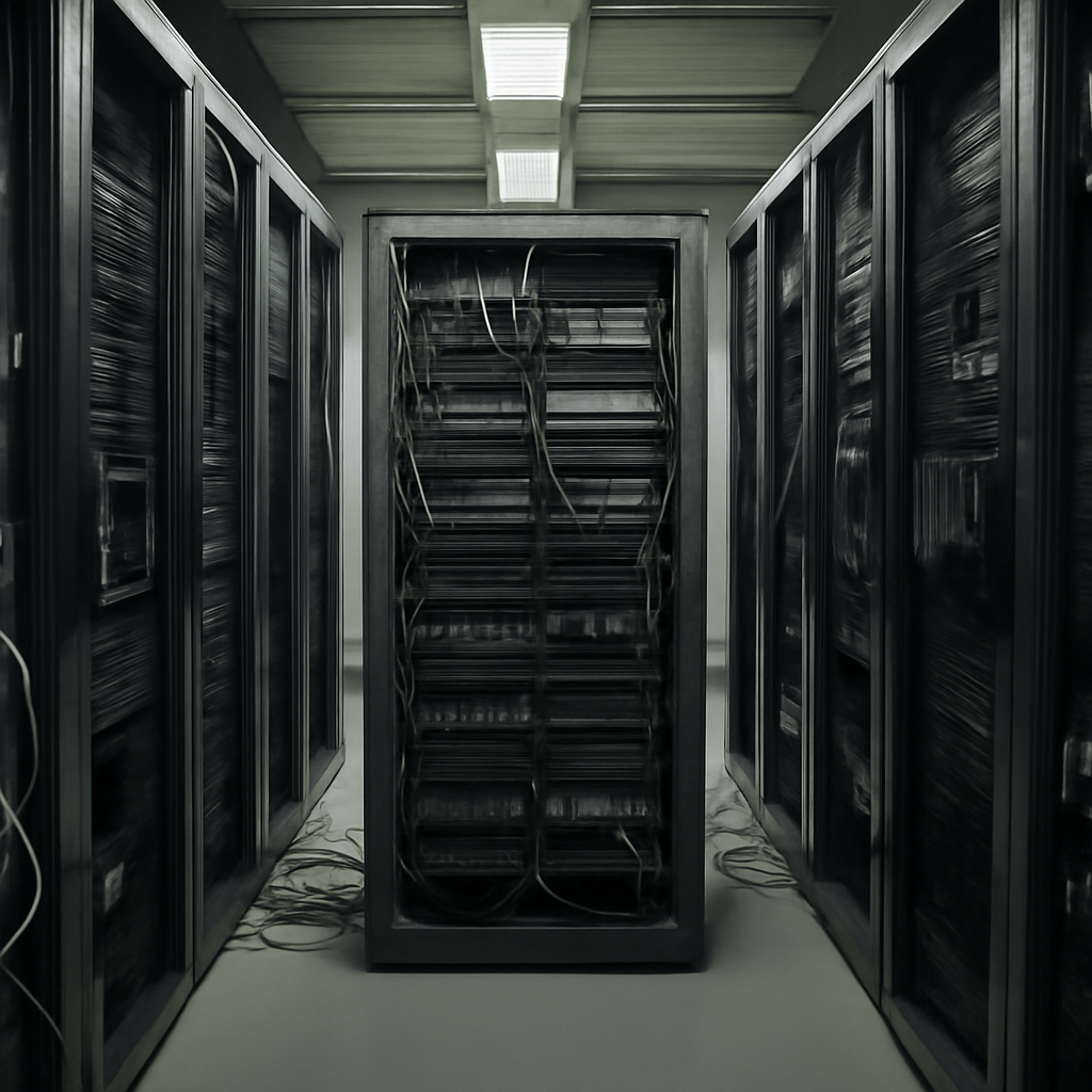 Rows of computer servers and networking equipment in a calm, empty server room.