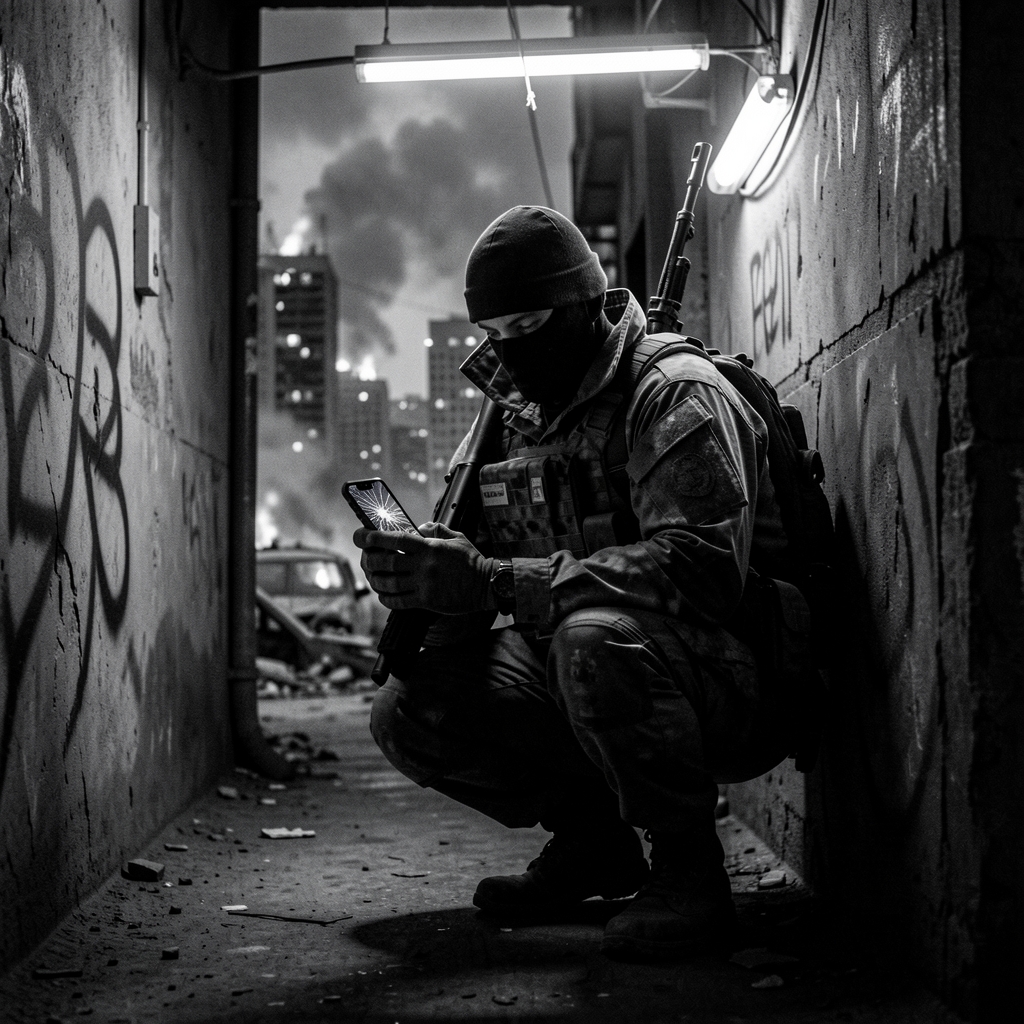 Lone figure in tactical gear holds smartphone in shadows of war-torn city.