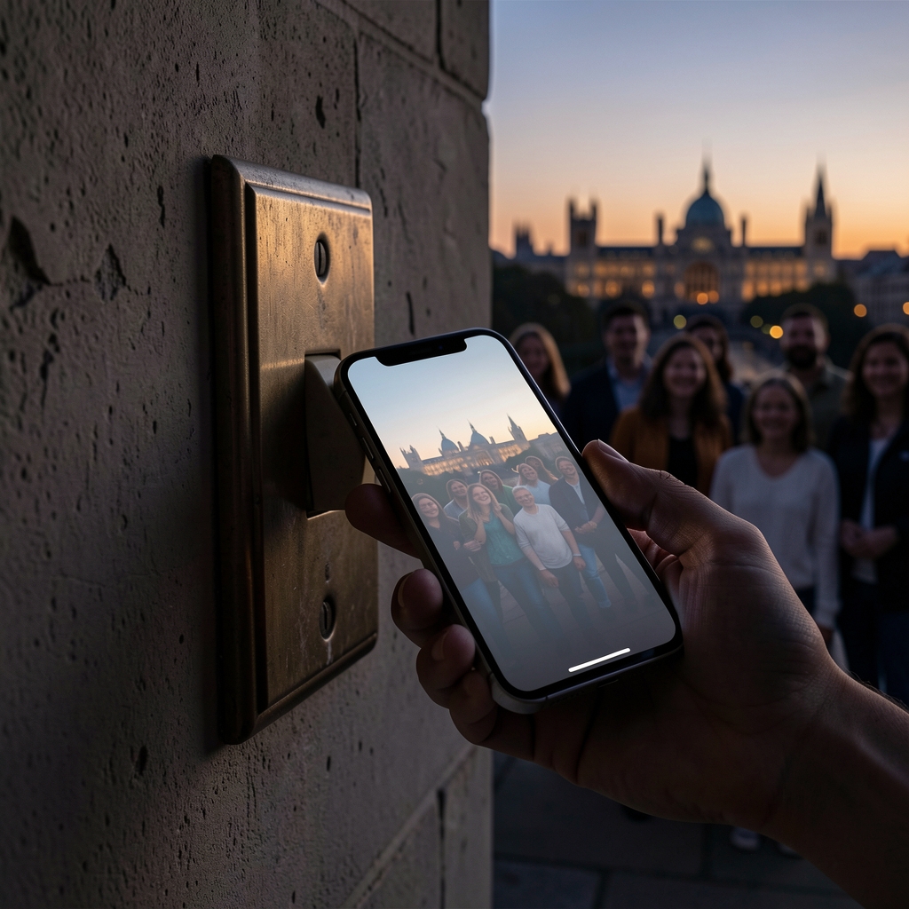 Hand replacing old light switch with modern smartphone against Cambridge cityscape at dusk, symbolizing change and diversity.