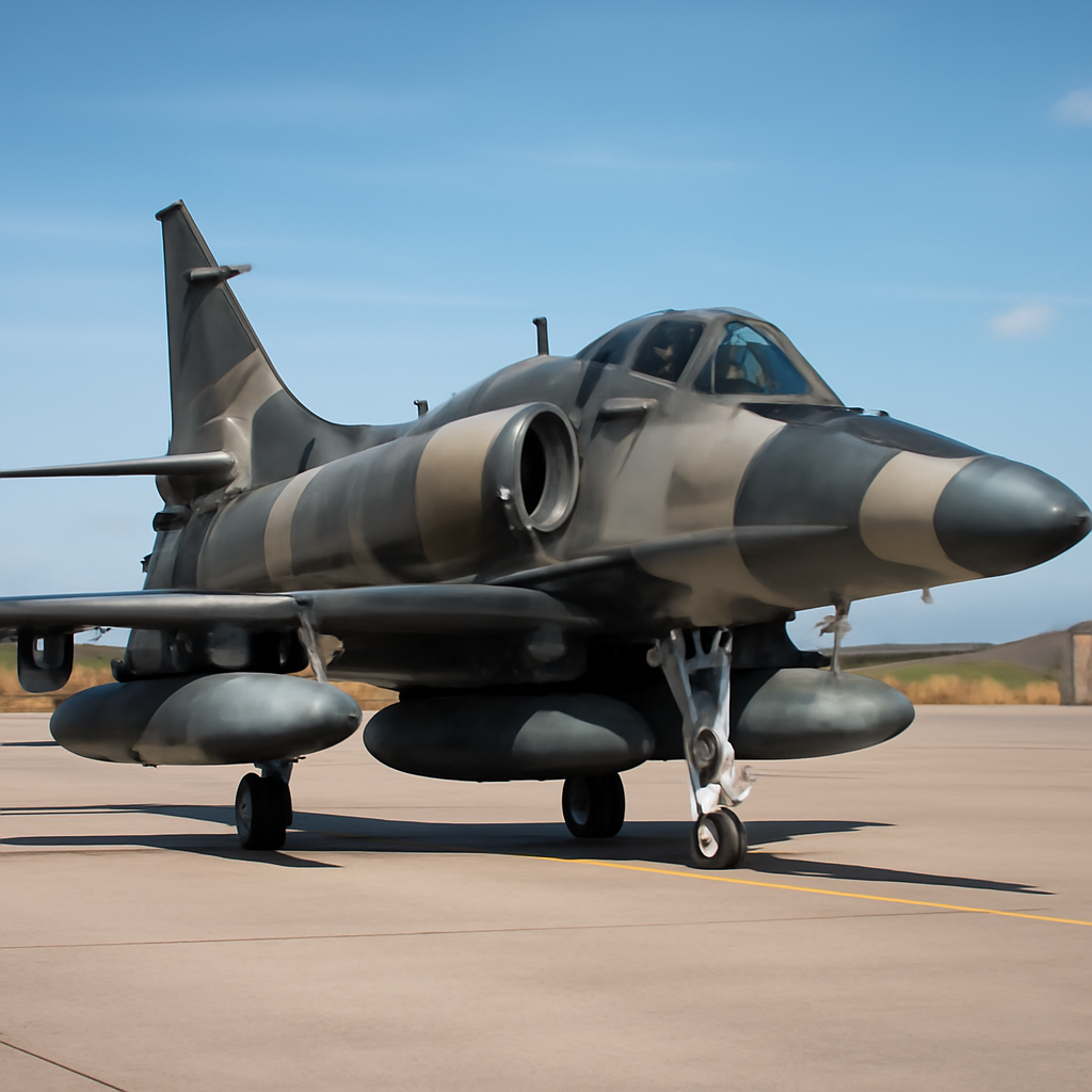 Upgraded Douglas A-4N Skyhawk fighter jet sits on tarmac at German Navy base.