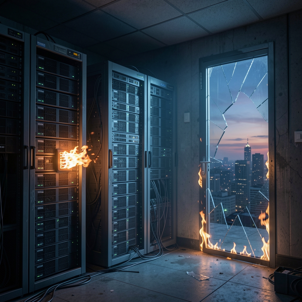 Dimly lit server room with one server overheating, eerie blue glow, and shattered glass in the foreground.