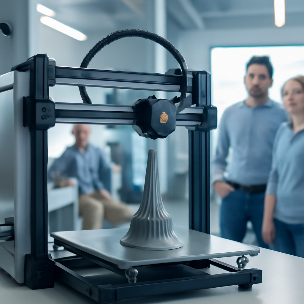 Technicians observe a 3D printer creating a hypersonic engine component in a clean-room setting.