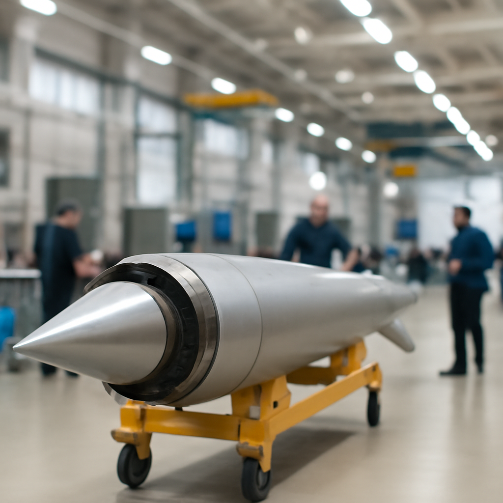 Workers in industry attire stand near a hypersonic missile component on a production floor with machinery and equipment.