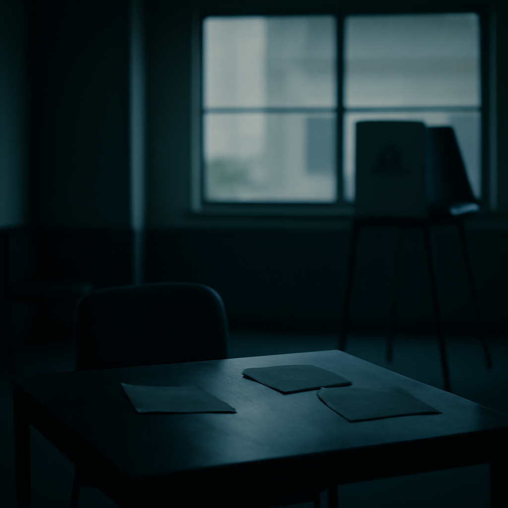 A dimly lit office space with scattered papers and a faint outline of a voting machine in the distance.