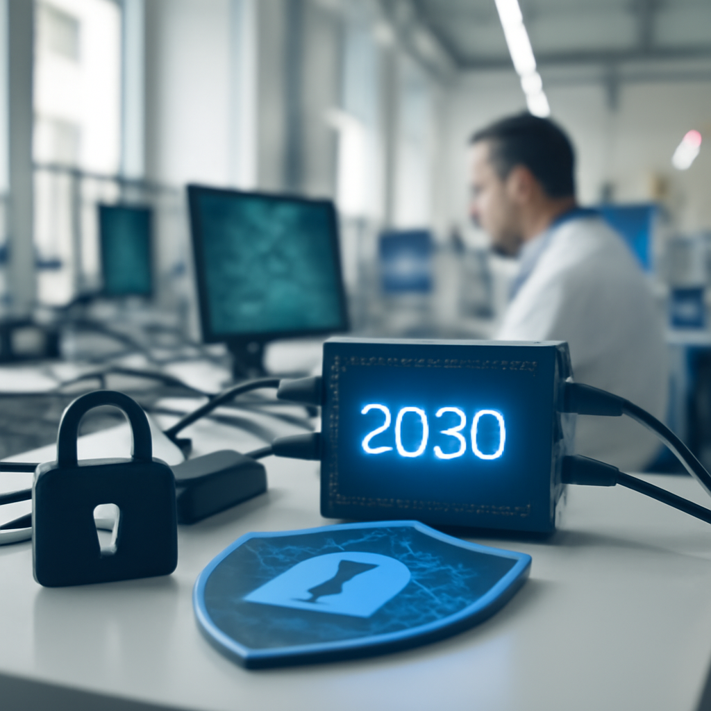 Secure government facility with modern tech and cryptography elements in bright daylight.