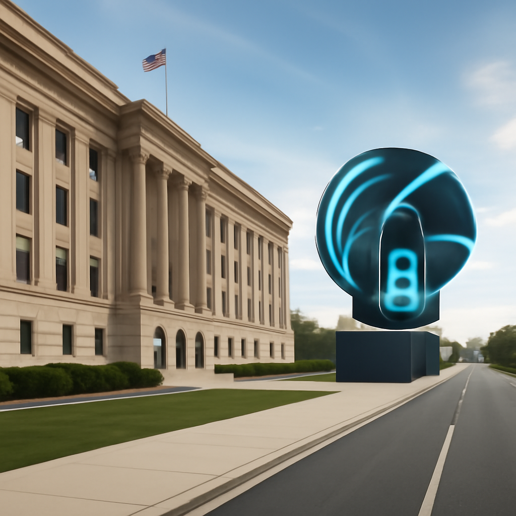 Government building with futuristic device and abstract shape in background.