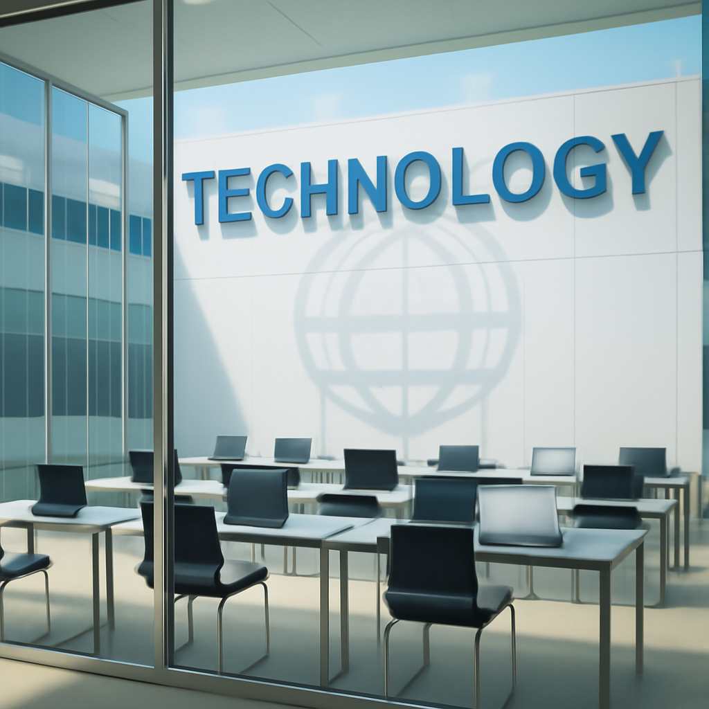 Modern tech facility with sleek, empty glass-walled room and minimalist decor.