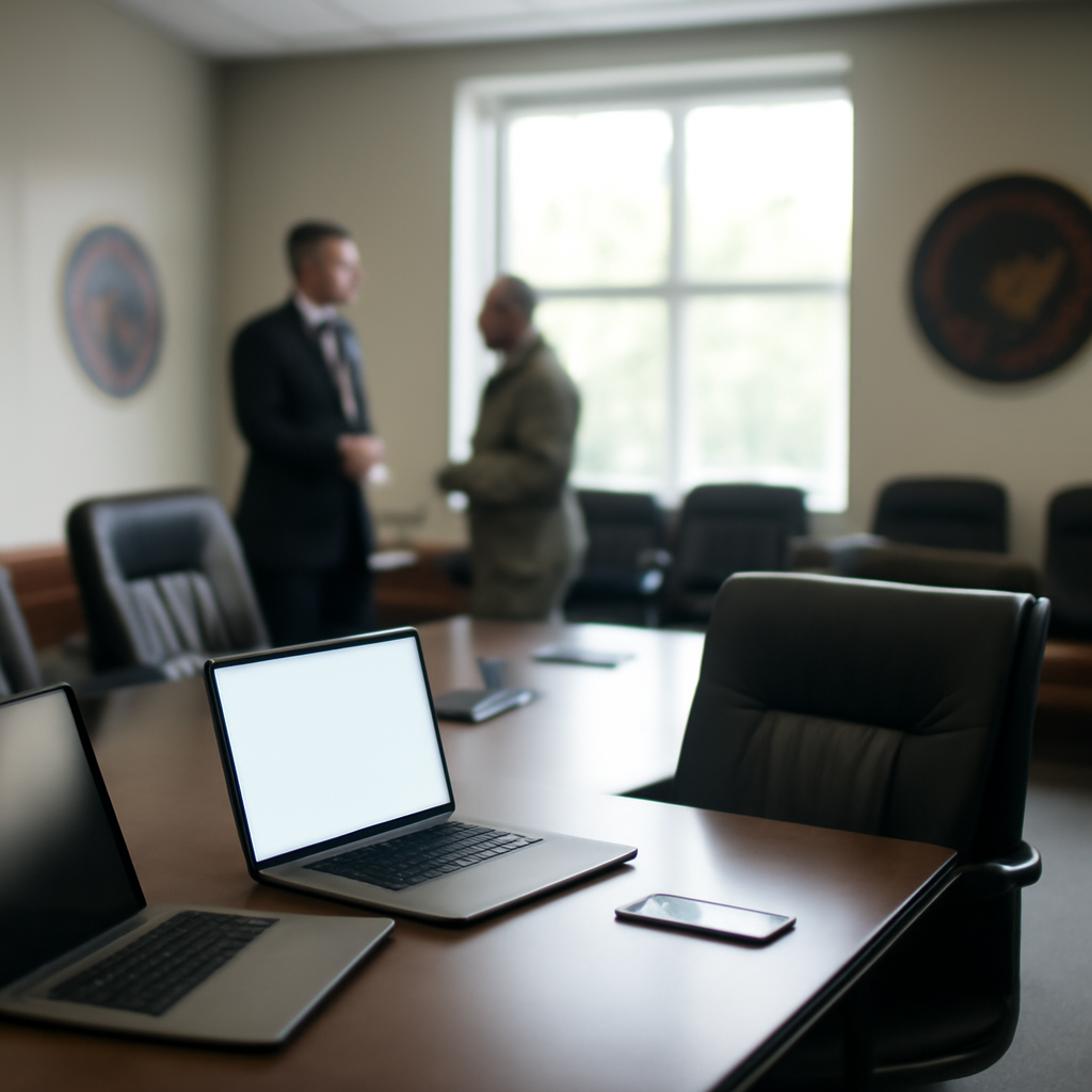 Briefing room with natural light, conference table, and devices.
