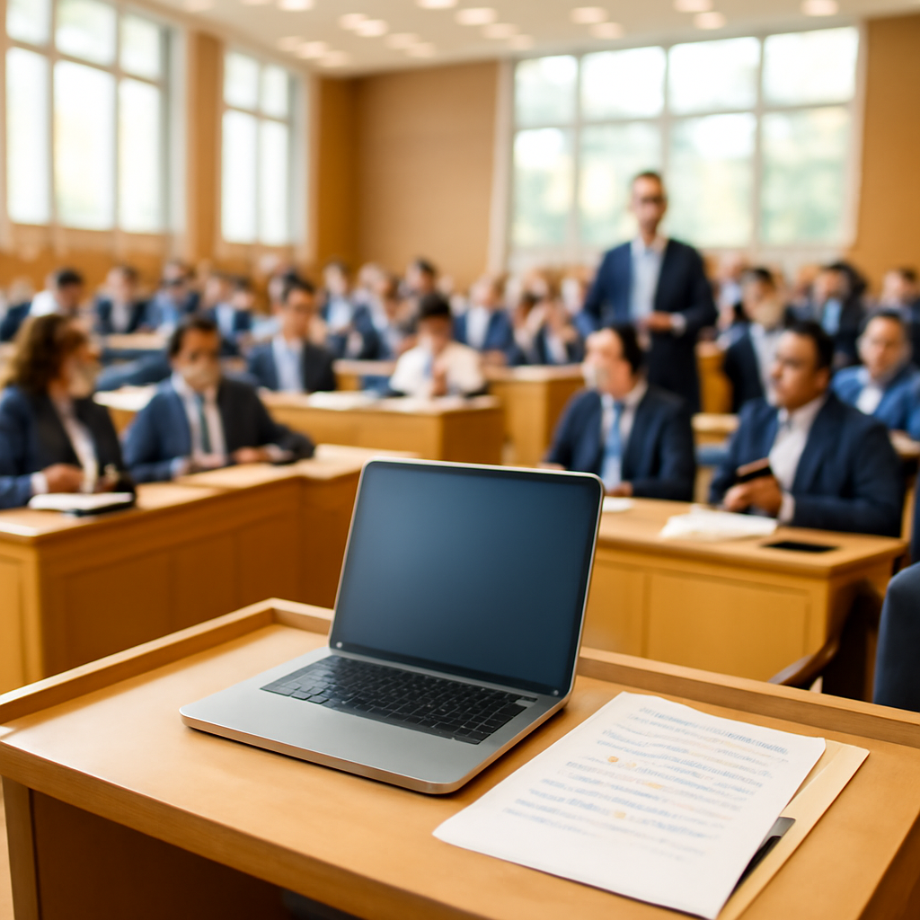 Government conference room with podium, attendees, and laptop on a table near natural light source.