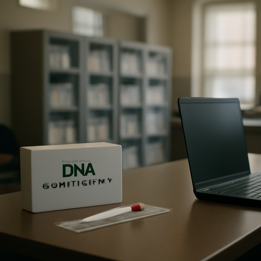 DNA collection kit and laptop sit in front of storage containers in a government facility.