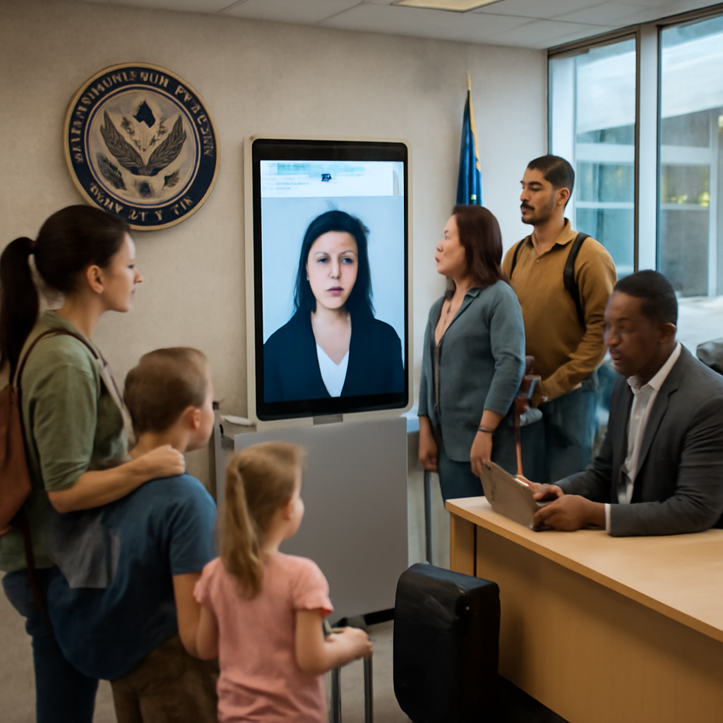 Diverse travelers interact with digital kiosk in modern government agency office.