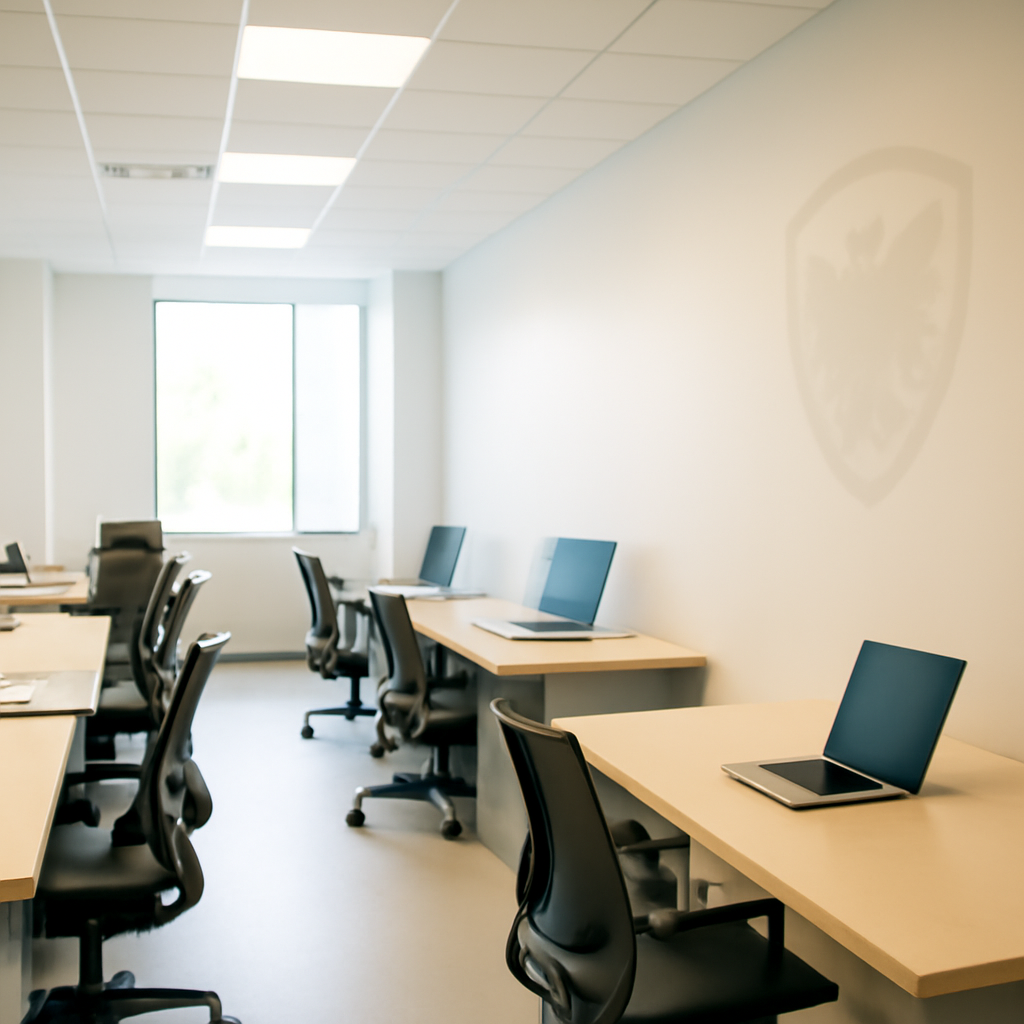 Modern office space with sleek workstations and natural daylight pouring in.