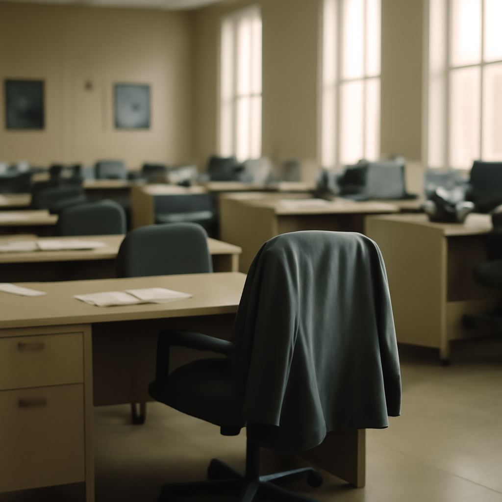 Empty government office with rows of unoccupied desks and scattered papers.