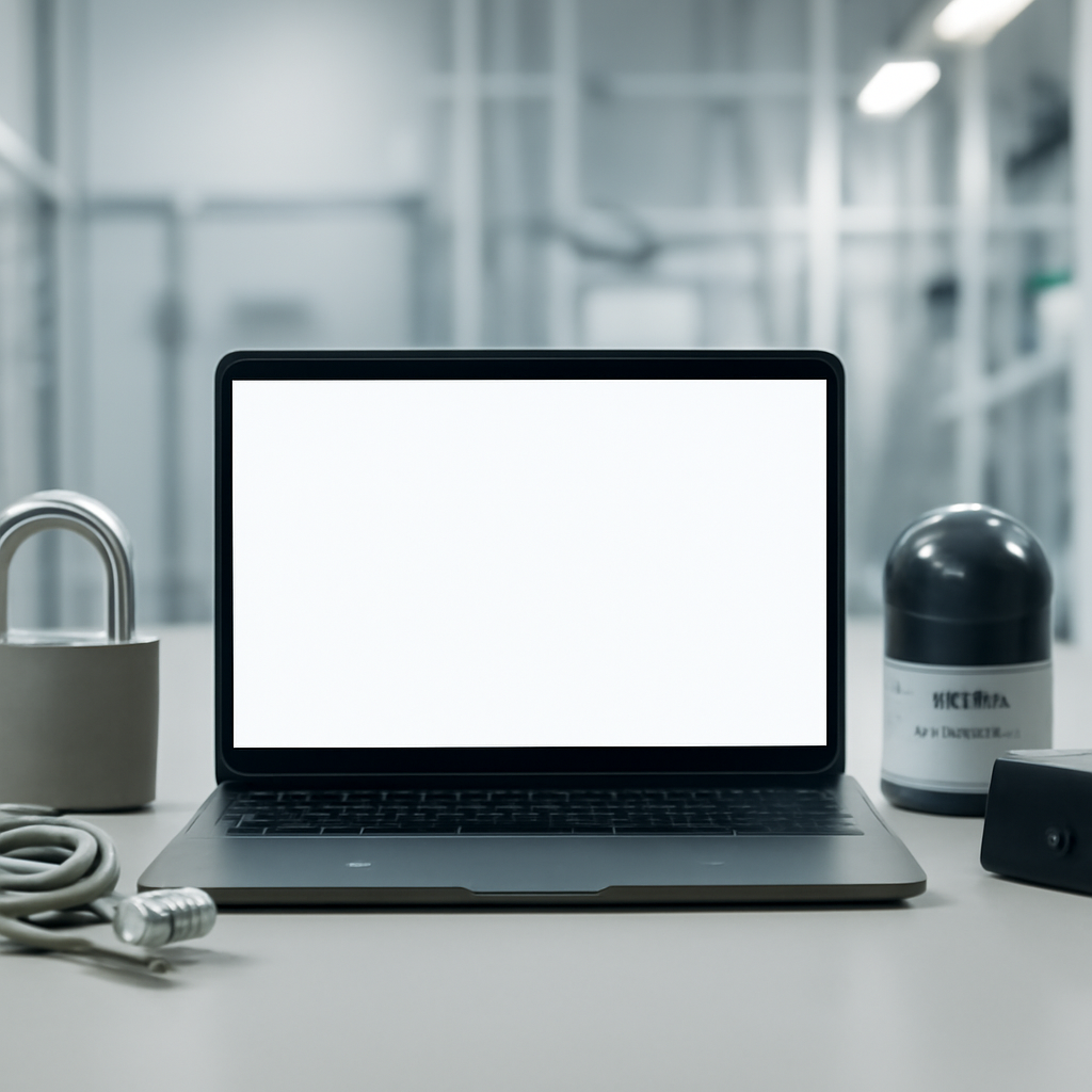 Secure testing lab setup with laptop and cybersecurity equipment.