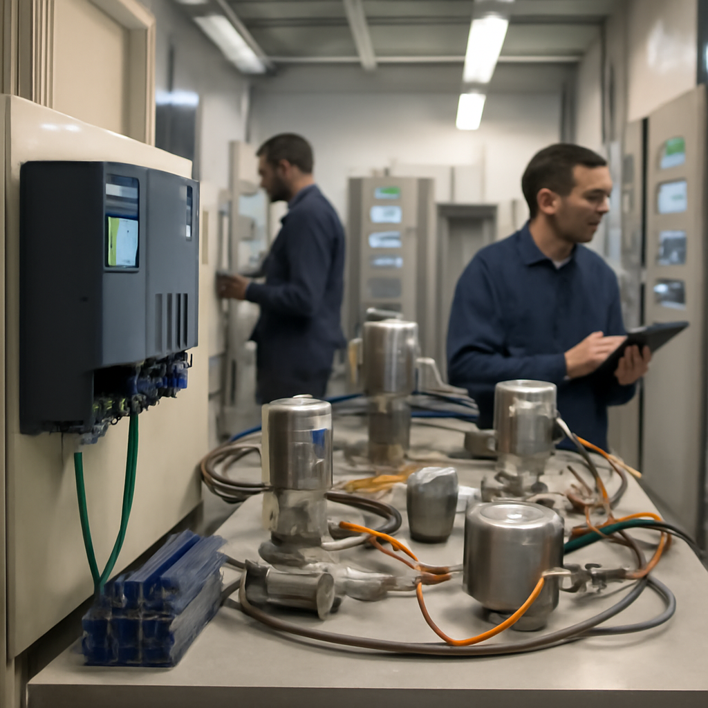 Technicians in an industrial control room examine equipment, including a Siemens PLC device on a workbench.