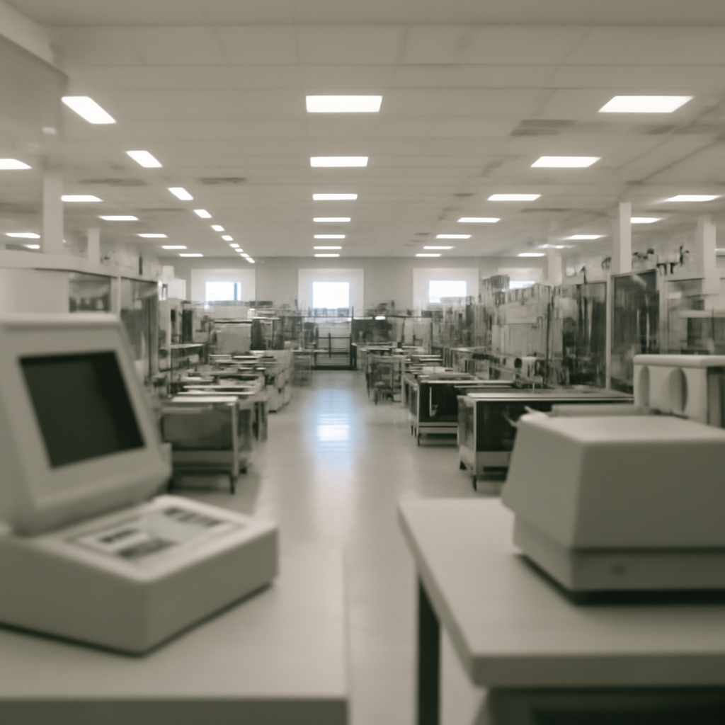 Industrial facility interior with workstations and computer equipment.