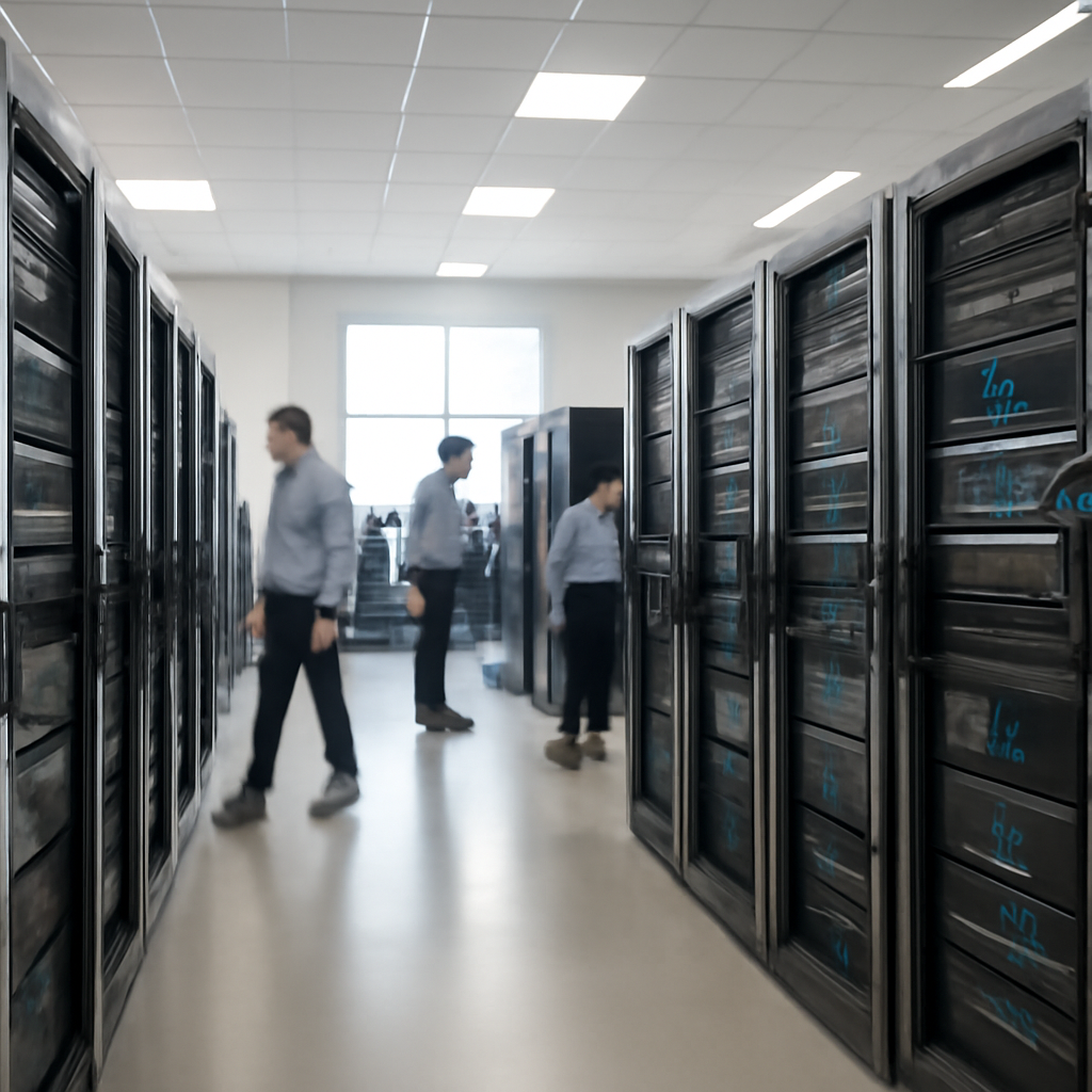 Rows of computer equipment in a brightly-lit server room with technicians in the background.