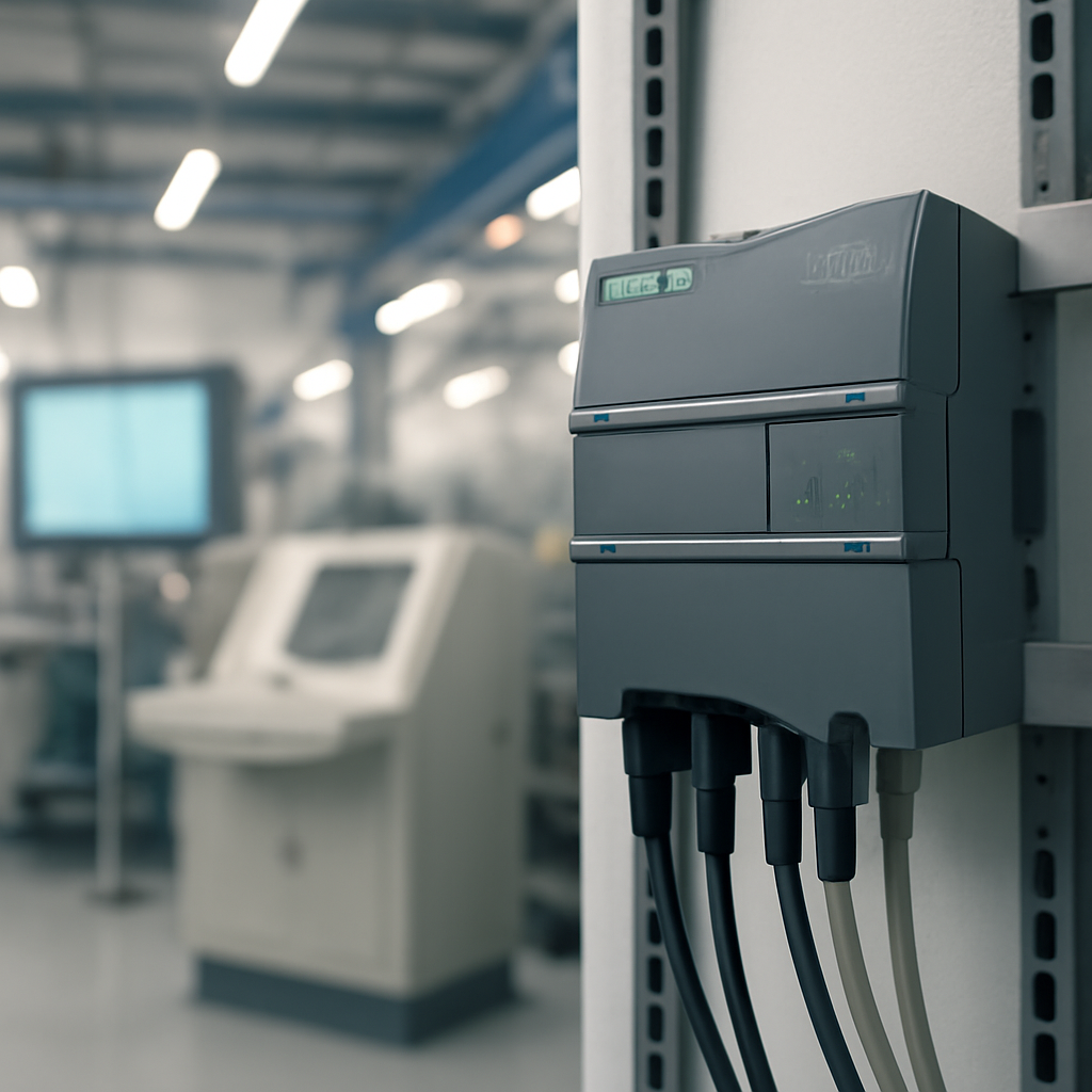 Siemens PLC device mounted on a wall in a neutral industrial control room setting.