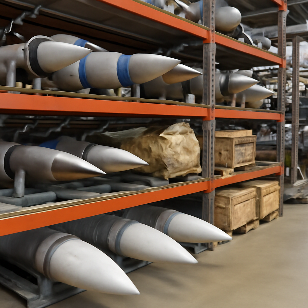 Rows of storage racks hold various missile components, including solid rocket motors, in a well-lit US air defense…