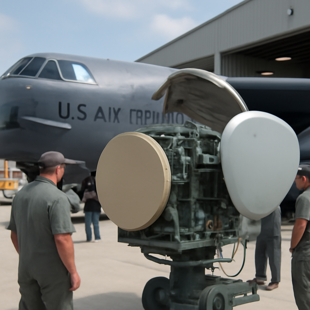 US Air Force B-52 bomber with radar system components in foreground.