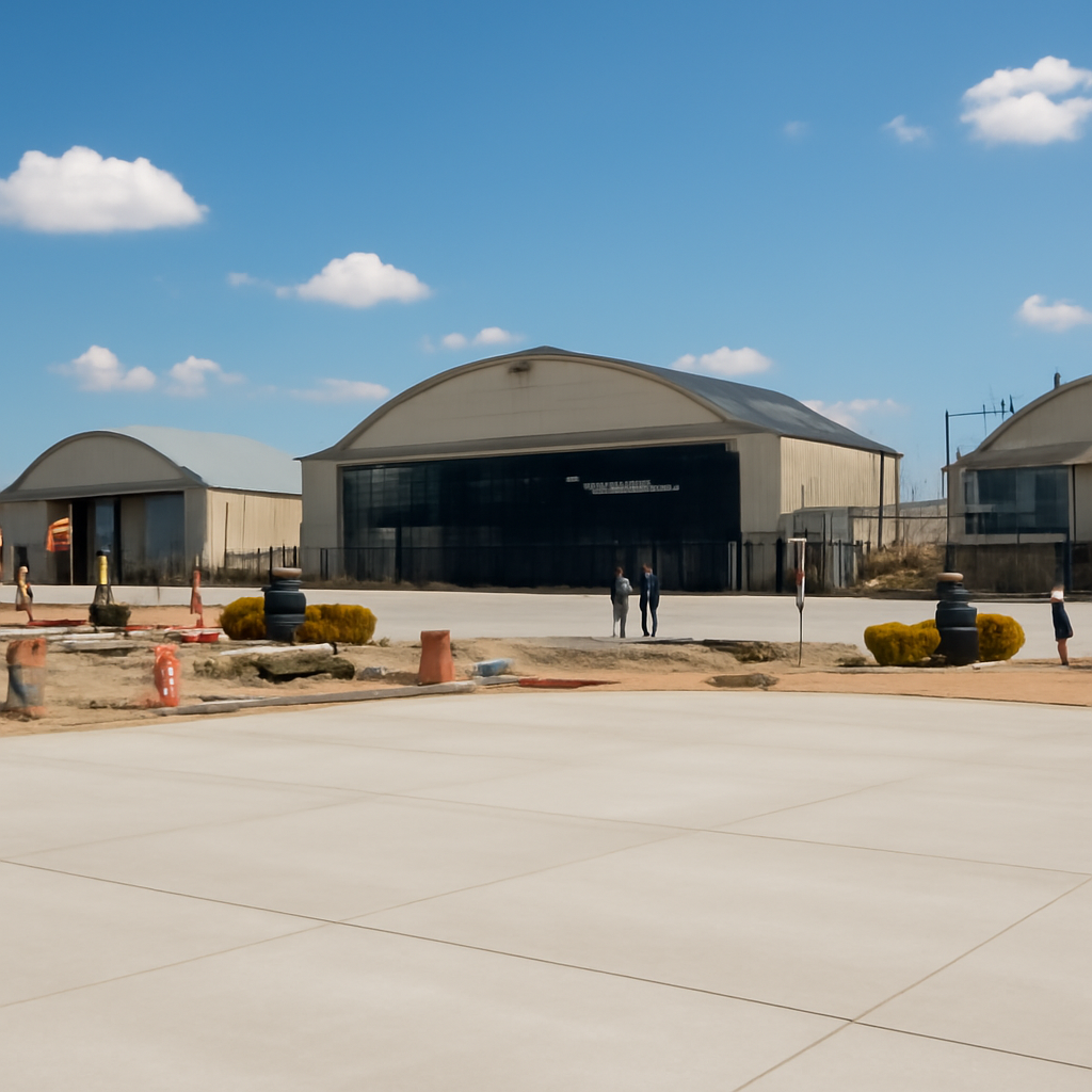 Military base under construction with hangars, buildings, equipment, and personnel.