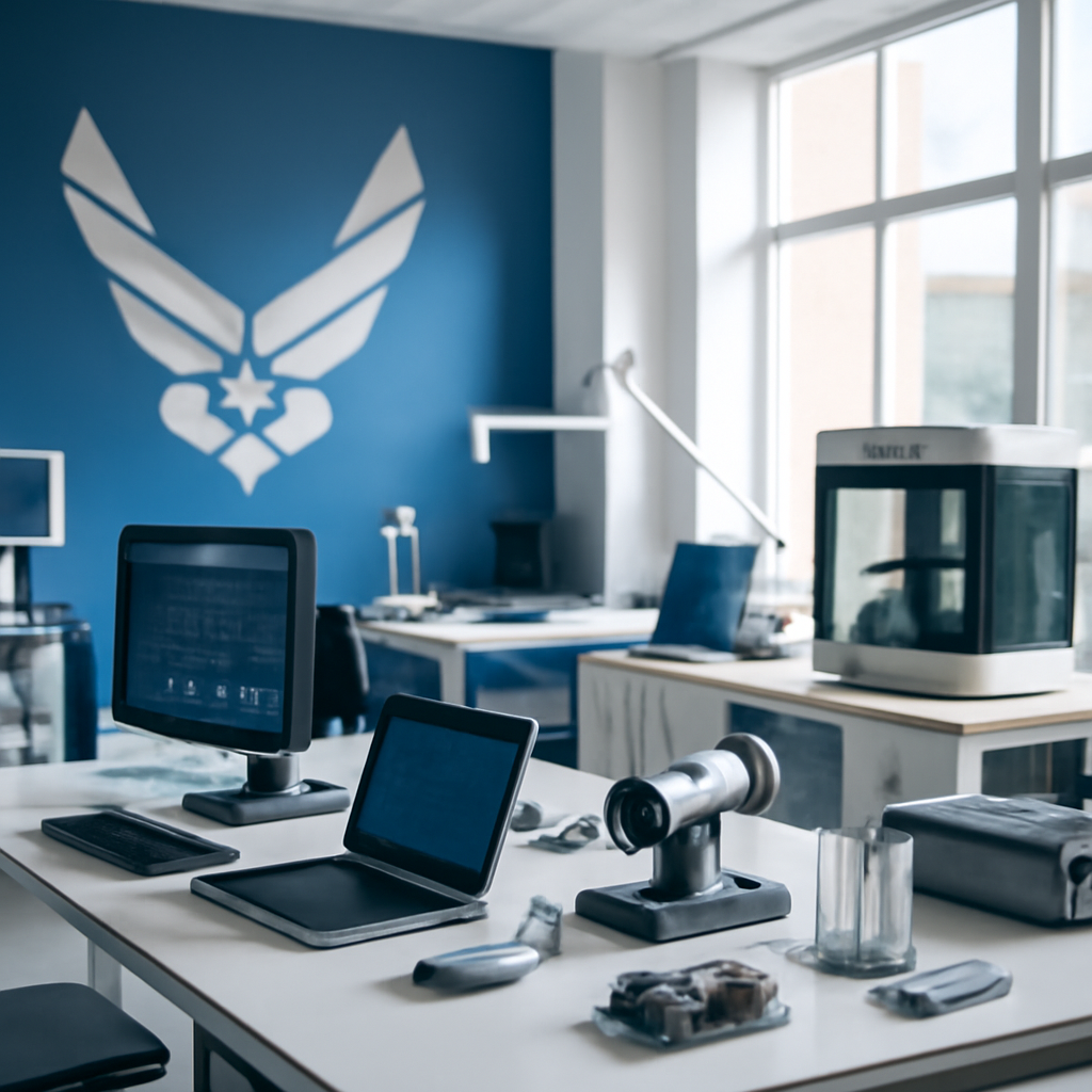 Modern US Air Force facility interior with collaborative workstation and innovation equipment.